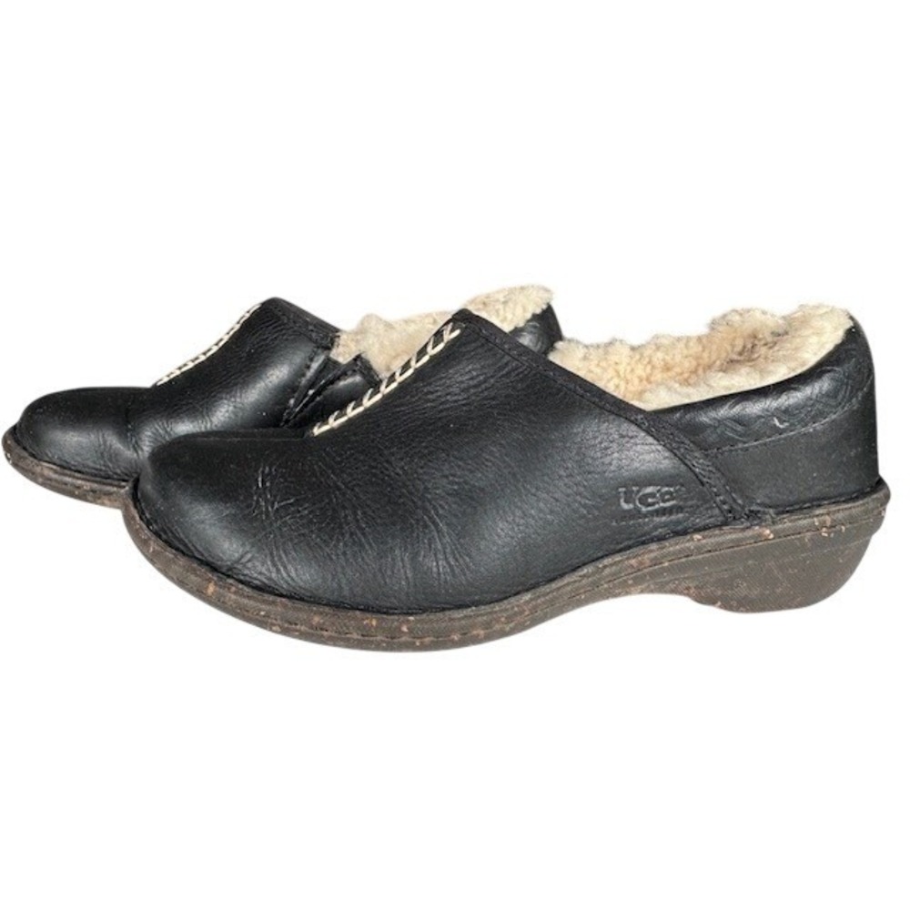 Ugg Black Leather Shearling Lined Clogs Mule Shoe… - image 6